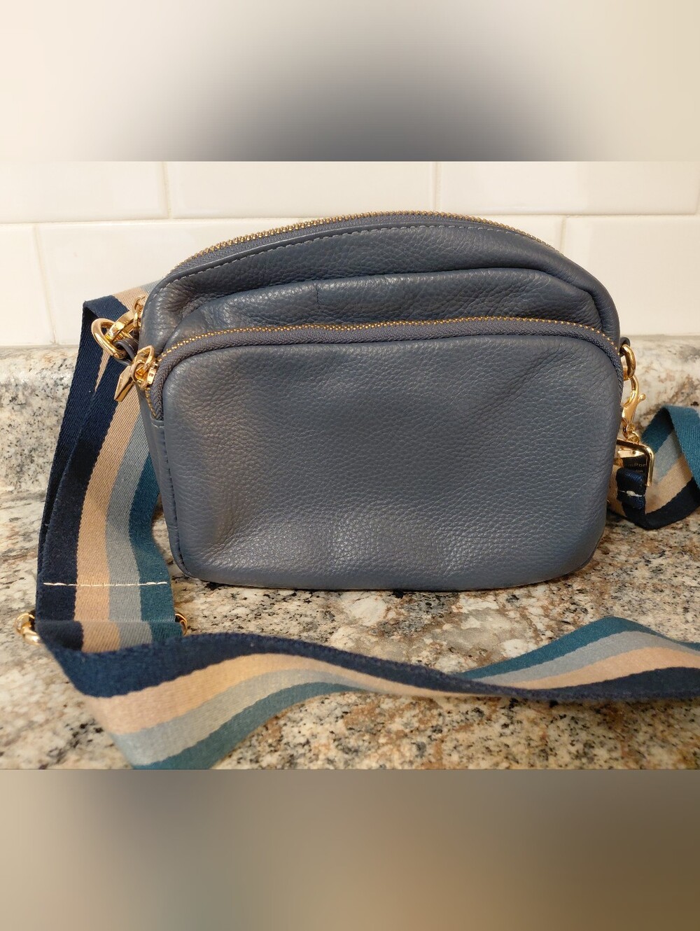 Pom Pom London Slate Blue Leather Crossbody Camera Bag W/Adjust Strap And Charm